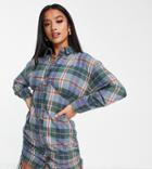 Asos Design Petite Ruched Body-conscious Mini Shirt Dress In Blue Check-multi