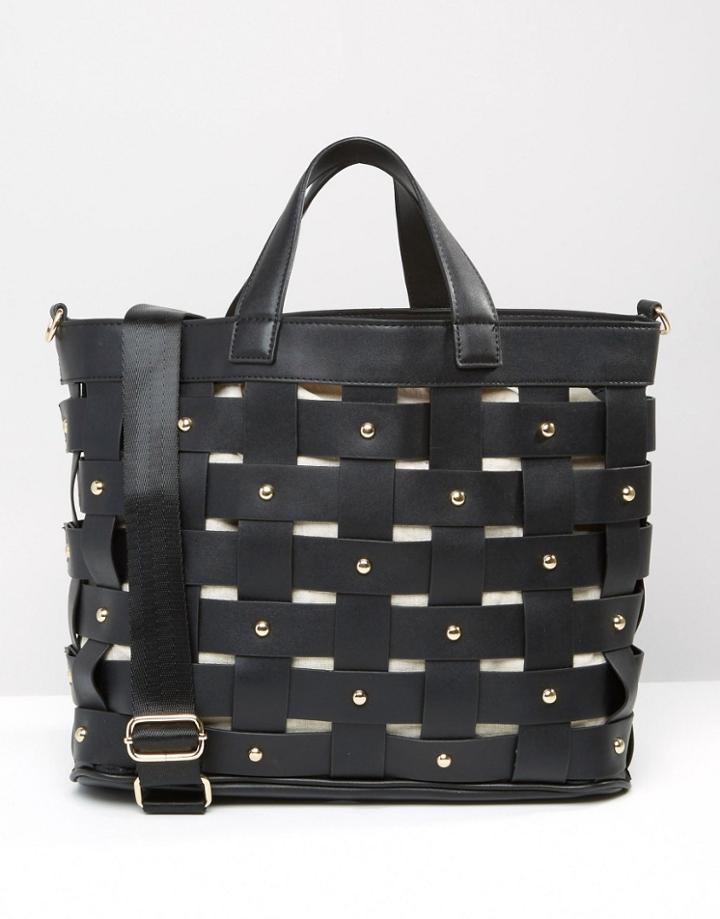 Mango Weaved Stud Tote Bag - Black