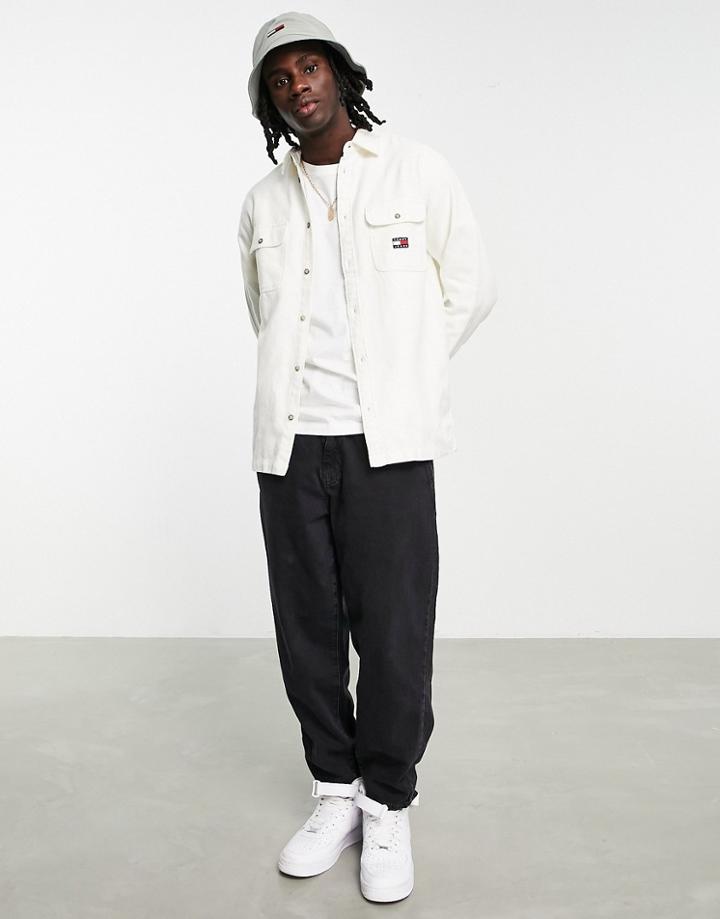 Tommy Jeans Badge Logo Brushed Twill Relaxed Fit Overshirt In Off White