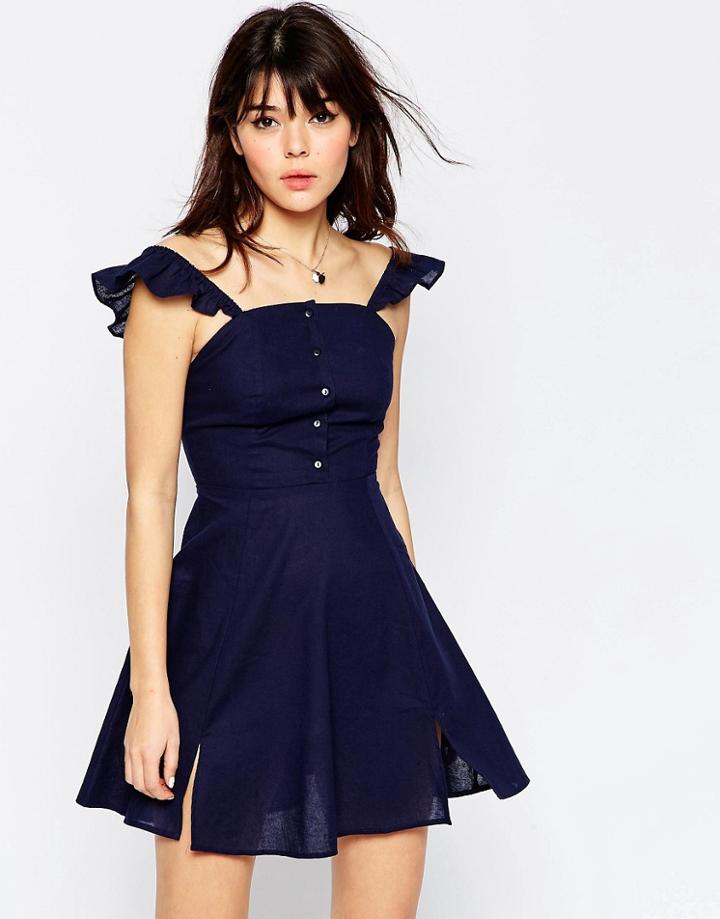 Asos Button Through Mini Skater Sundress - Navy