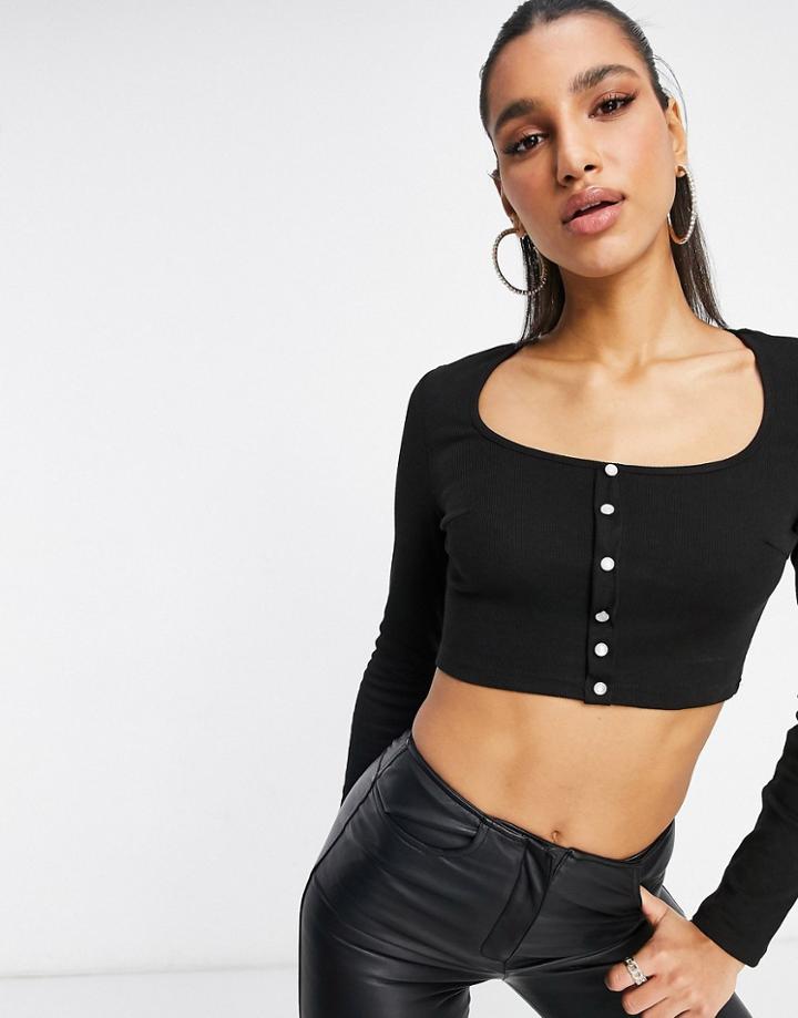 Naanaa Square Neck Button Through Crop Top In Black