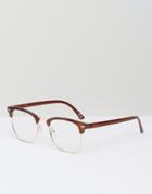 Asos Retro Glasses In Crystal Brown With Clear Lens - Brown