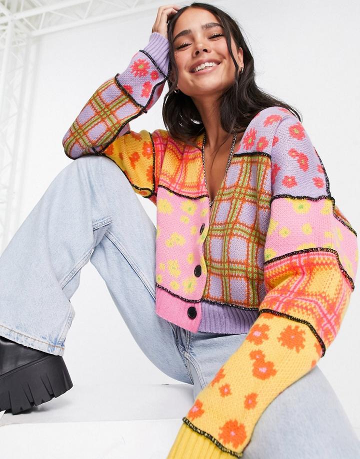 The Ragged Priest Oversized Cardigan In Patchwork Daisy Check-multi