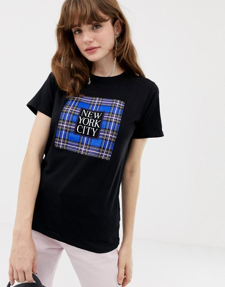 New Look New York City Check Box Tee In Black - Black