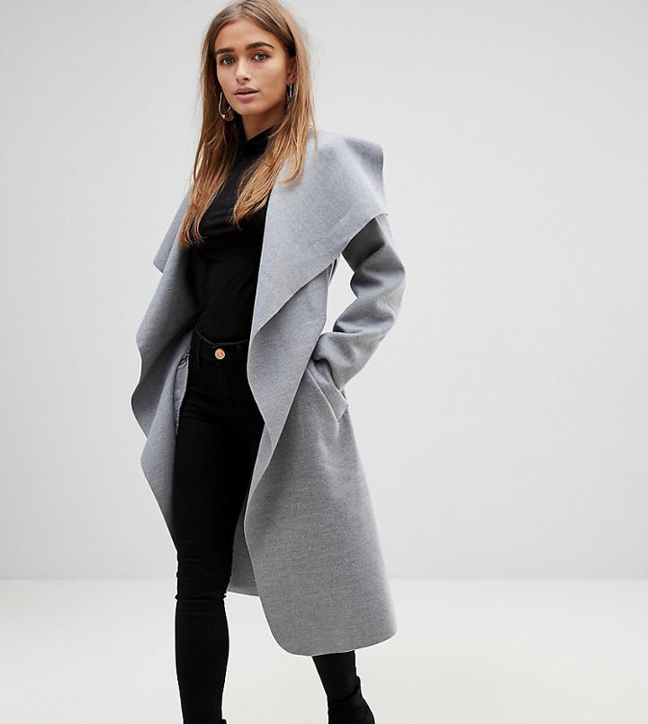 Boohoo Petite Belted Shawl Long Coat - Gray