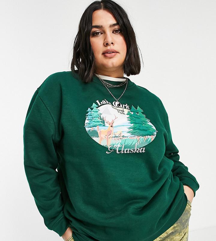 Daisy Street Plus Relaxed Sweatshirt With Vintage Alaska Print-green