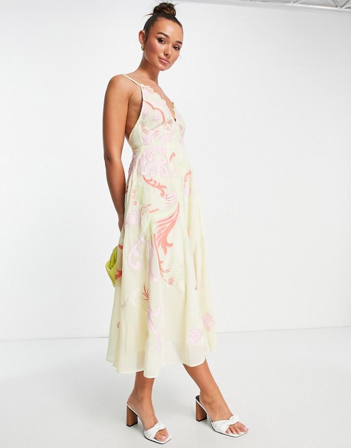 Asos Edition Embroidered Applique Cami Midi Dress In Lemon-yellow