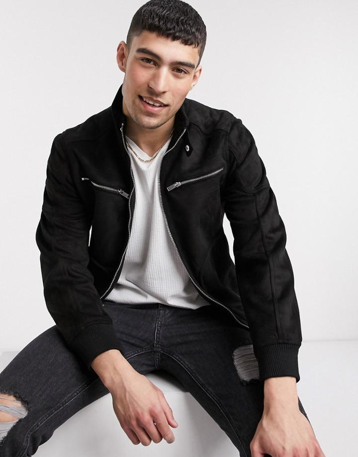 River Island Suedette Perforated Racer Jacket In Black