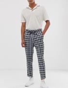 Asos Design Tapered Crop Smart Pants In Blue Check With Tie Waist Detail - Blue