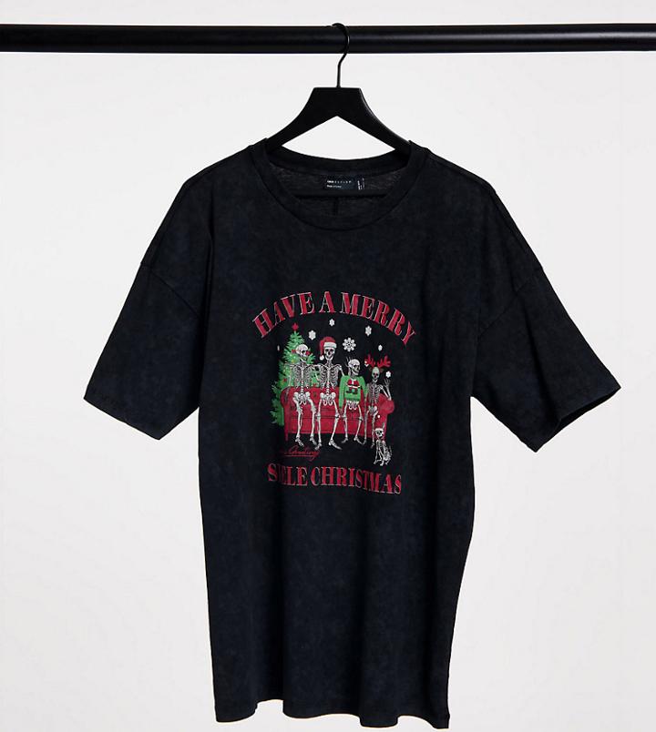 Asos Design Curve Christmas T-shirt With Skeleton Family Christmas Motif In Washed Black-grey