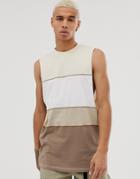 Asos Design Relaxed Sleeveless T-shirt With Dropped Armhole With Contrast Stitching - Beige