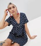 Prettylittlething Polka Dot Smock Dress - Navy