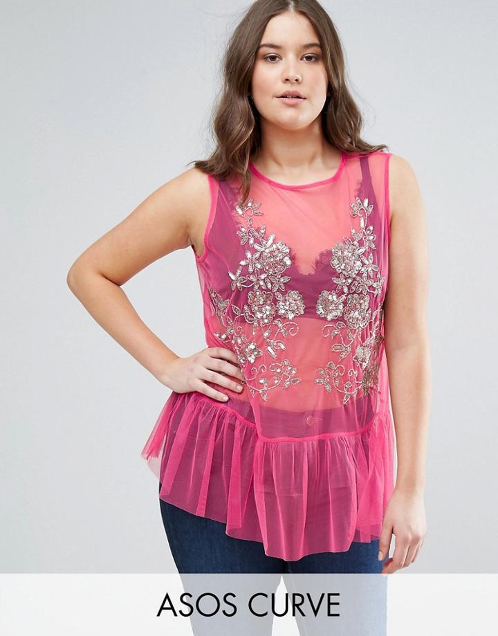 Asos Curve Top In Mesh With Pep Hem & Sequin Detail - Pink