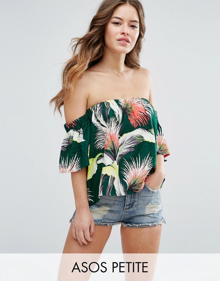 Asos Petite Off Shoulder Linen Top In Tropical Print - Multi