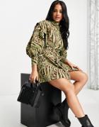 Asos Design Tuck Sleeve Mini Shirt Dress In Abstract Animal Print-multi