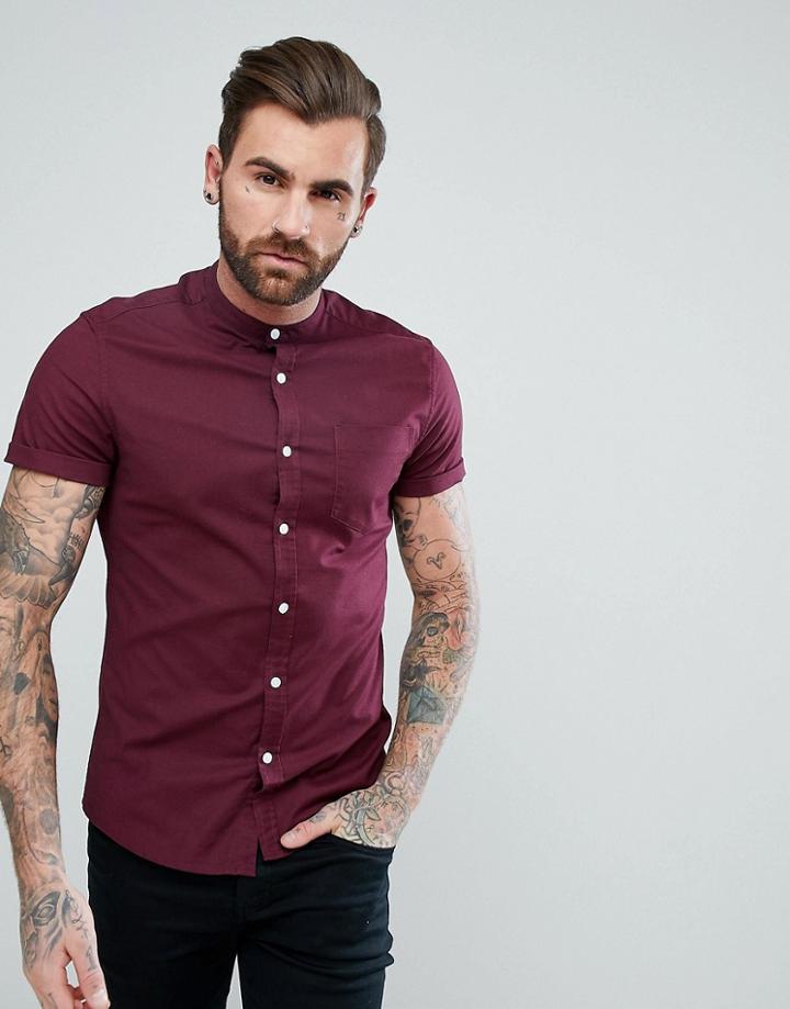 Asos Skinny Oxford In Burgundy With Grandad Collar - Red