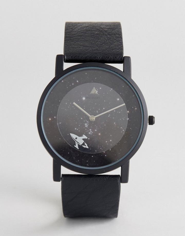 Asos Monochrome Watch With Cosmic Design And Rotating Spaceship - Black