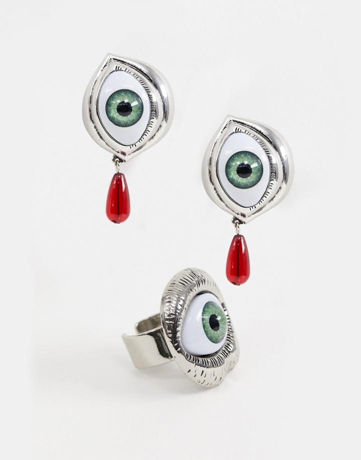 Cheap Monday Eyeball Earring & Ring Set - Silver