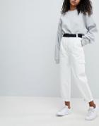 Asos Tapered Jeans With Curved Seams And Belt In Off White With Utility Side Pocket - White