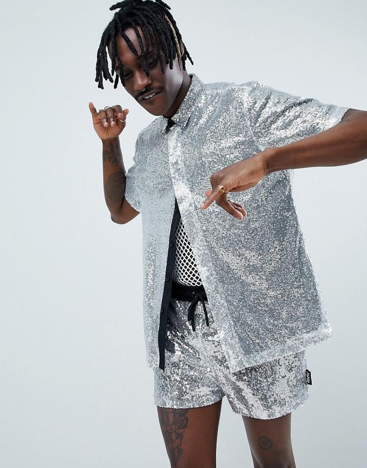 Jaded London Sequin Shirt In Silver - Silver