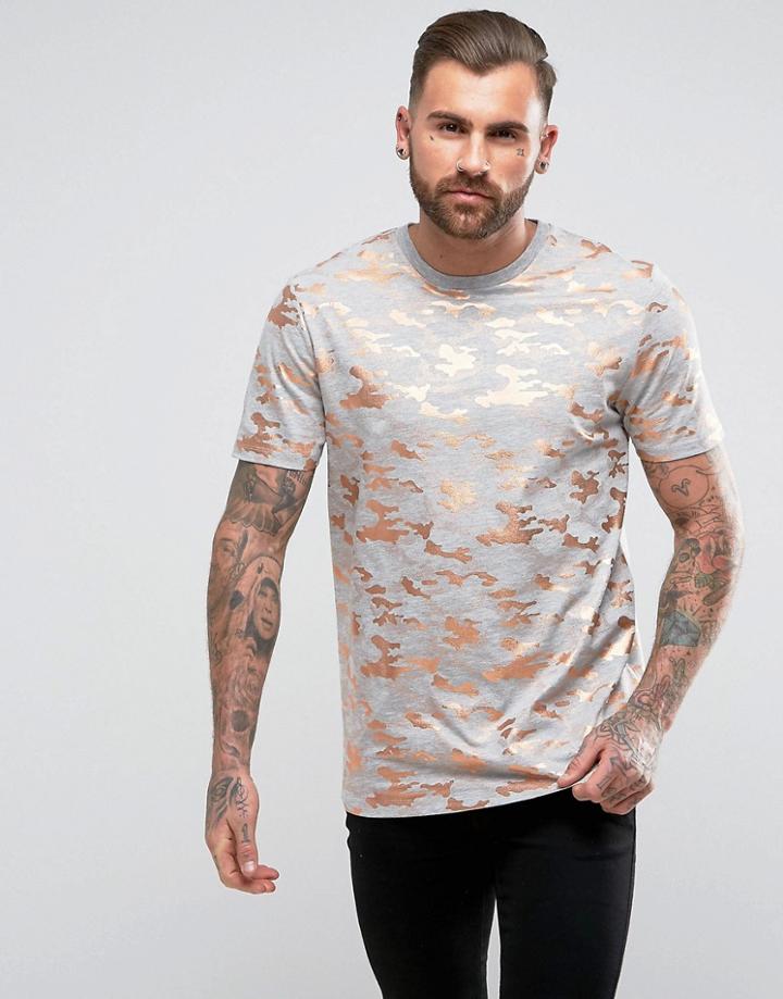 Asos Longline T-shirt In All Over Rose Gold Camo - Gray