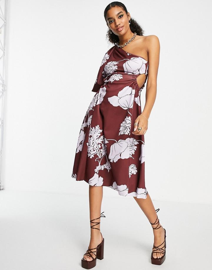 Asos Design One Shoulder Puff Sleeve Side Cut Out Channeled Midi Skater Dress In Winter Blossom Print-multi
