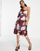 Asos Design One Shoulder Puff Sleeve Side Cut Out Channeled Midi Skater Dress In Winter Blossom Print-multi