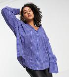 Public Desire Curve Oversized Waffled Check Shirt In Blue-blues