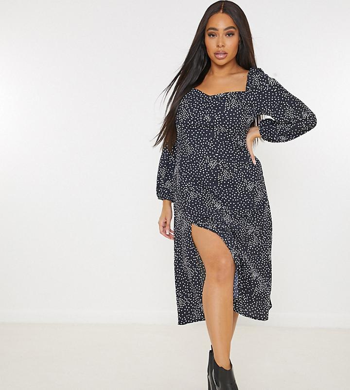 Missguided Plus Milkmaid Dress With Long Sleeves In Black Polka