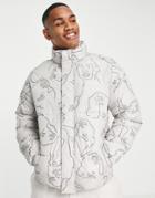Only & Sons Puffer Jacket With Face Outline Print In White