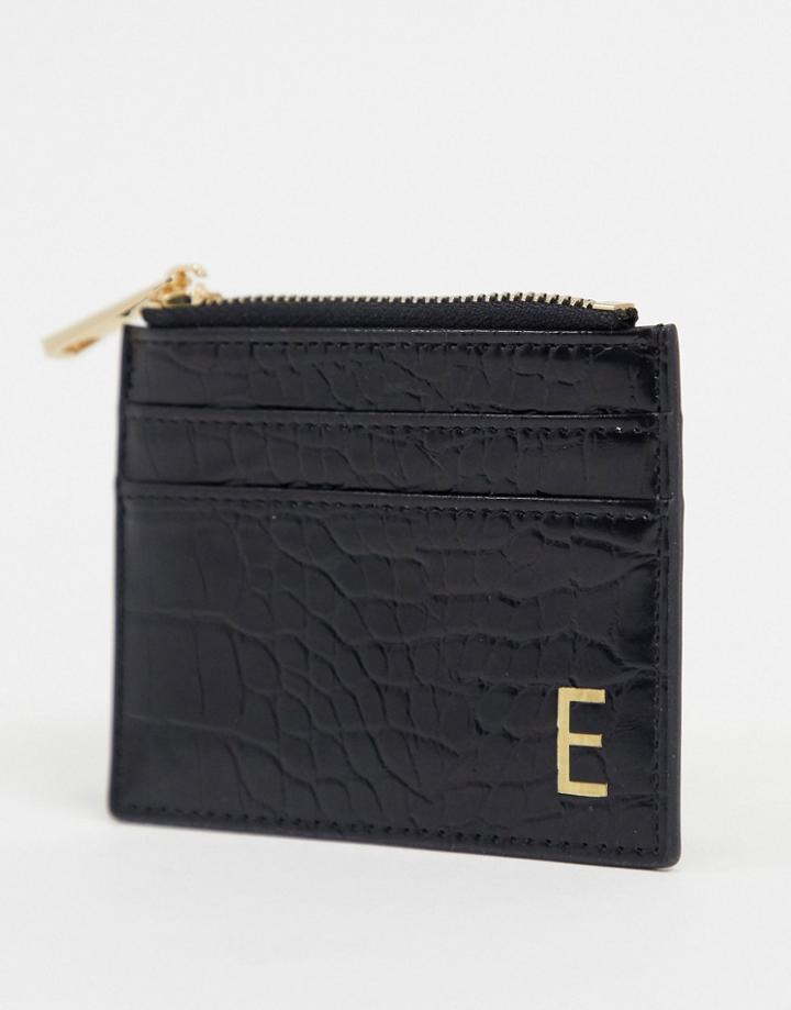 Asos Design Personalized E Coin Purse & Cardholder In Black Croc