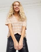 Asos Design T-shirt With V-neck In Linen Mix In Sand With Stripe-pink