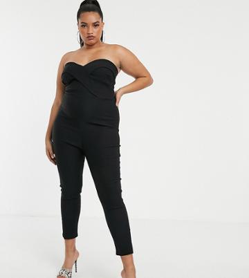 Vesper Curve Bandeau Fitted Catsuit In Black - Black