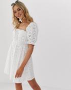 Asos Design Milkmaid Broderie Mini Dress-white