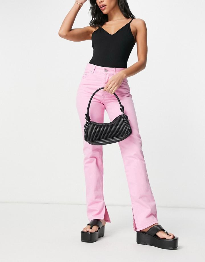 Asos Design Mid Rise '90s' Straight Leg Jeans In Hot Pink With Split Hem
