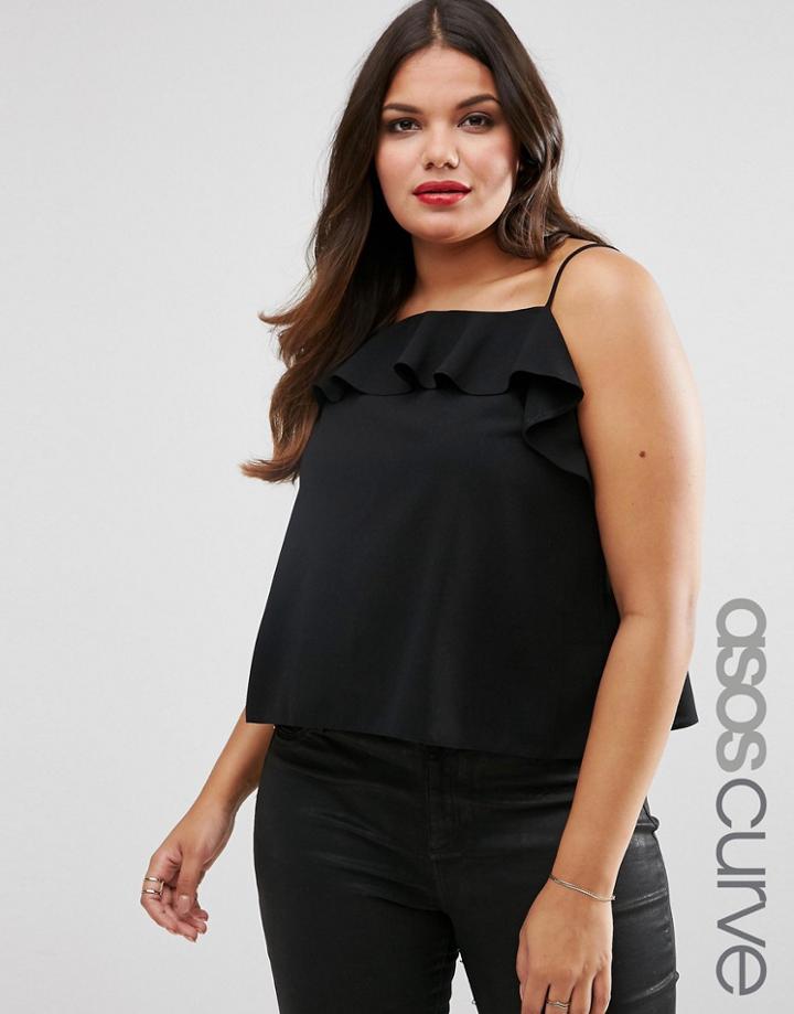 Asos Curve Cami Top With Ruffle Neck Detail - Black
