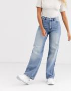 Monki Yoko Wide Leg Cotton Jeans In Mid Blue - Mblue-blues