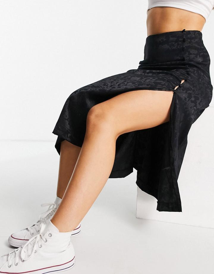 Stradivarius Satin Jacquard Midi Skirt In Black