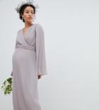 Tfnc Maternity Pleated Wrap Front Maxi Bridesmaid Dress With Cape Detail - Gray