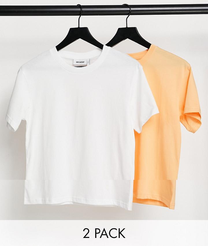 Weekday Alanis Organic Cotton 2 Pack T-shirt In White And Orange-multi