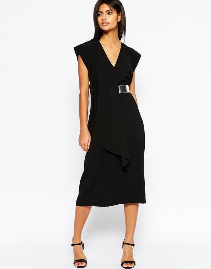 Asos Asymmetric Contemporary Midi Dress With Belt - Black