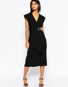 Asos Asymmetric Contemporary Midi Dress With Belt - Black