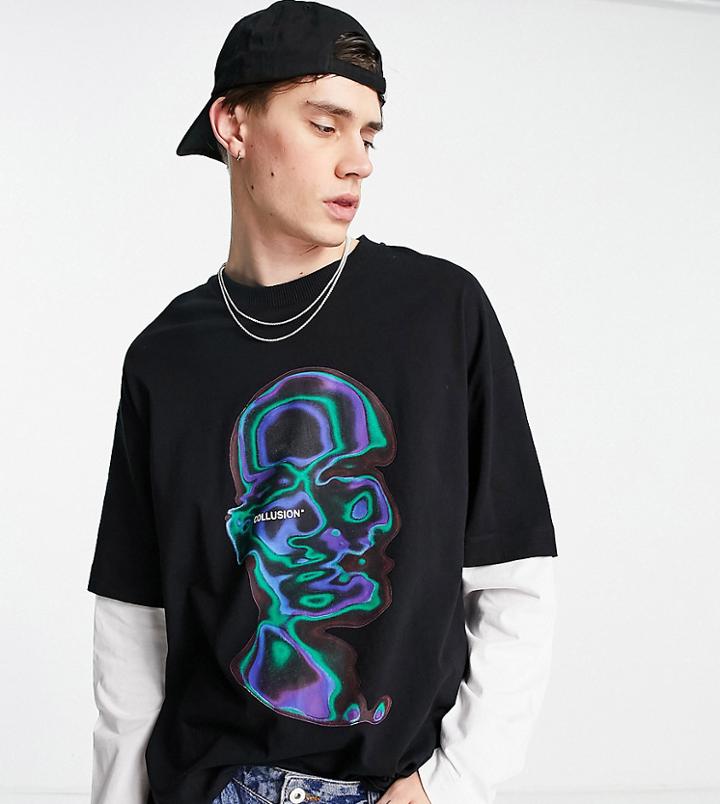 Collusion Oversized Mock-layer Long Sleeve T-shirt With Print In Black