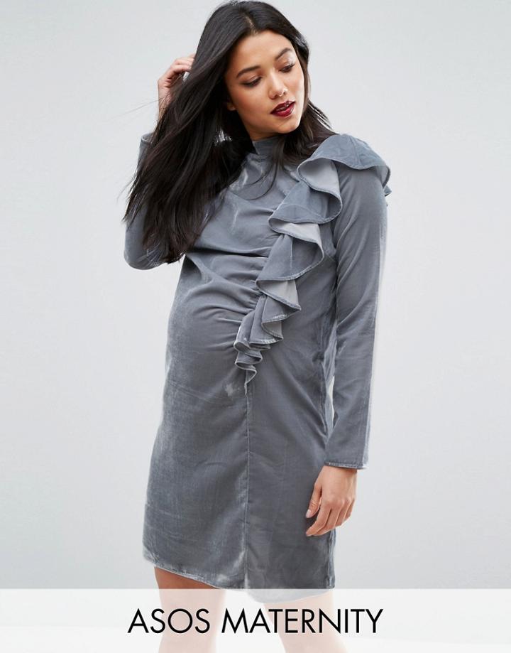 Asos Maternity Ruffle Front Column Dress In Velvet - Blue