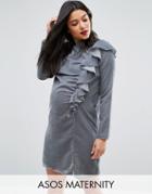 Asos Maternity Ruffle Front Column Dress In Velvet - Blue