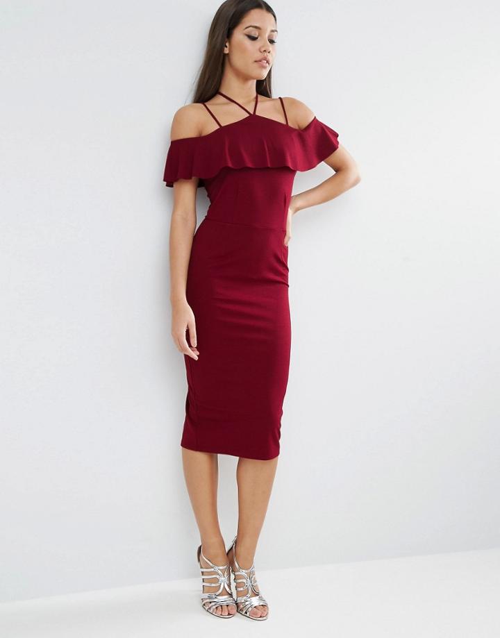 Asos Pencil Dress With Strap Shoulder Detail - Red