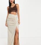 Missguided Linen Look Maxi Skirt With Ruched Detail In Stone - Part Of A Set-neutral