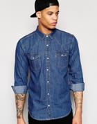 Pull & Bear Denim Shirt With Double Pocket Detail In Regular Fit - Blue