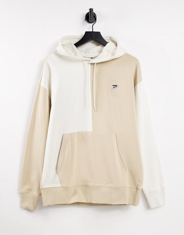 Puma Downtown Color Block Logo Hoodie In Beige-neutral