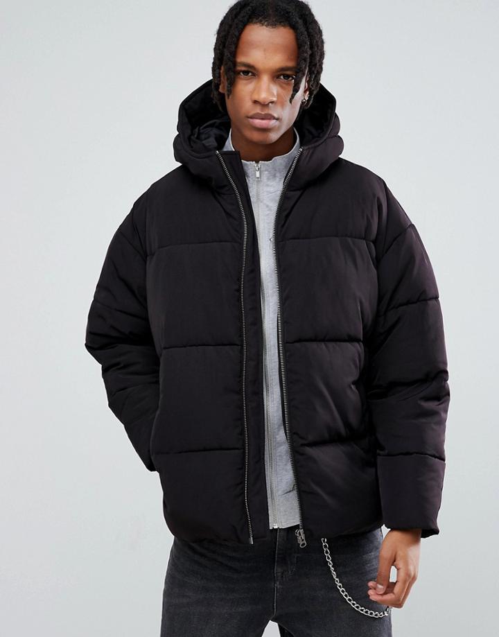 Asos Puffer With Hood In Black - Black
